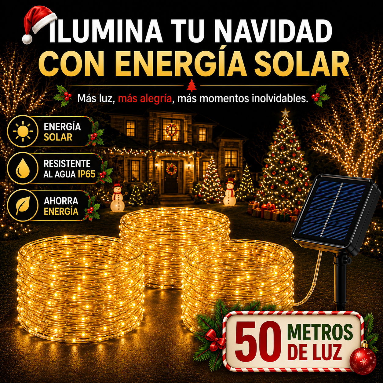 Preventa Navideña 🎄 Guirnalda Solar LED Premium 50 Metros - 50% de Descuento
