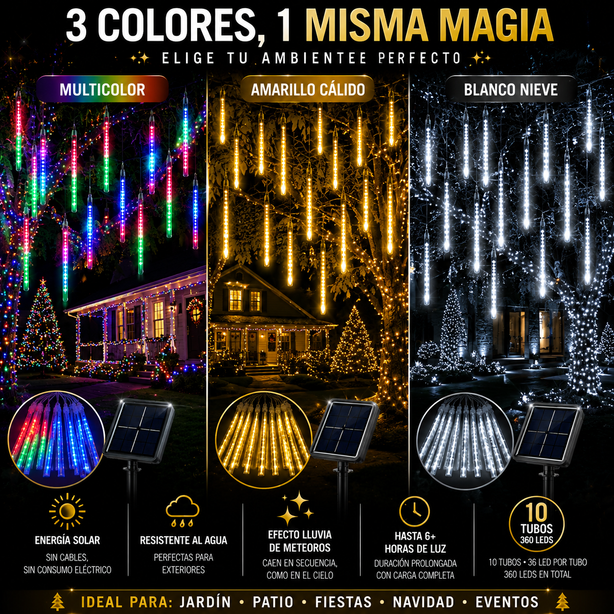 Luces Solares de Navidad Efecto Meteorito ☄️ | Preventa Navideña 🎄