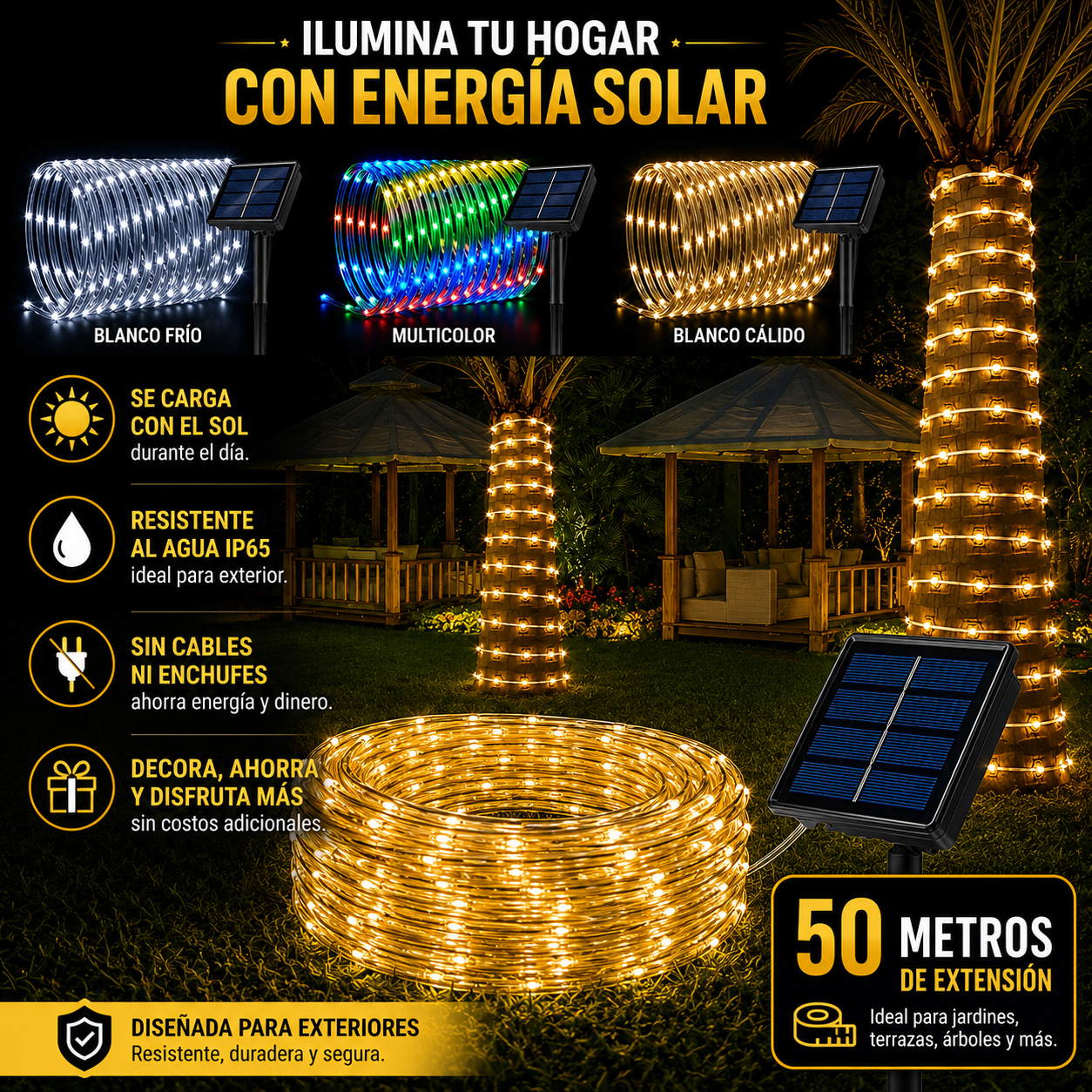 Preventa Navideña 🎄 Guirnalda Solar LED Premium 50 Metros - 50% de Descuento